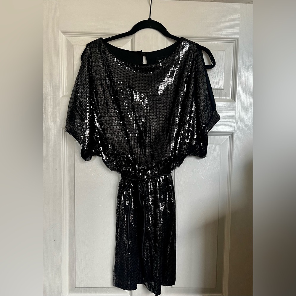 Xscape cold shoulder sequin sheath mini dress